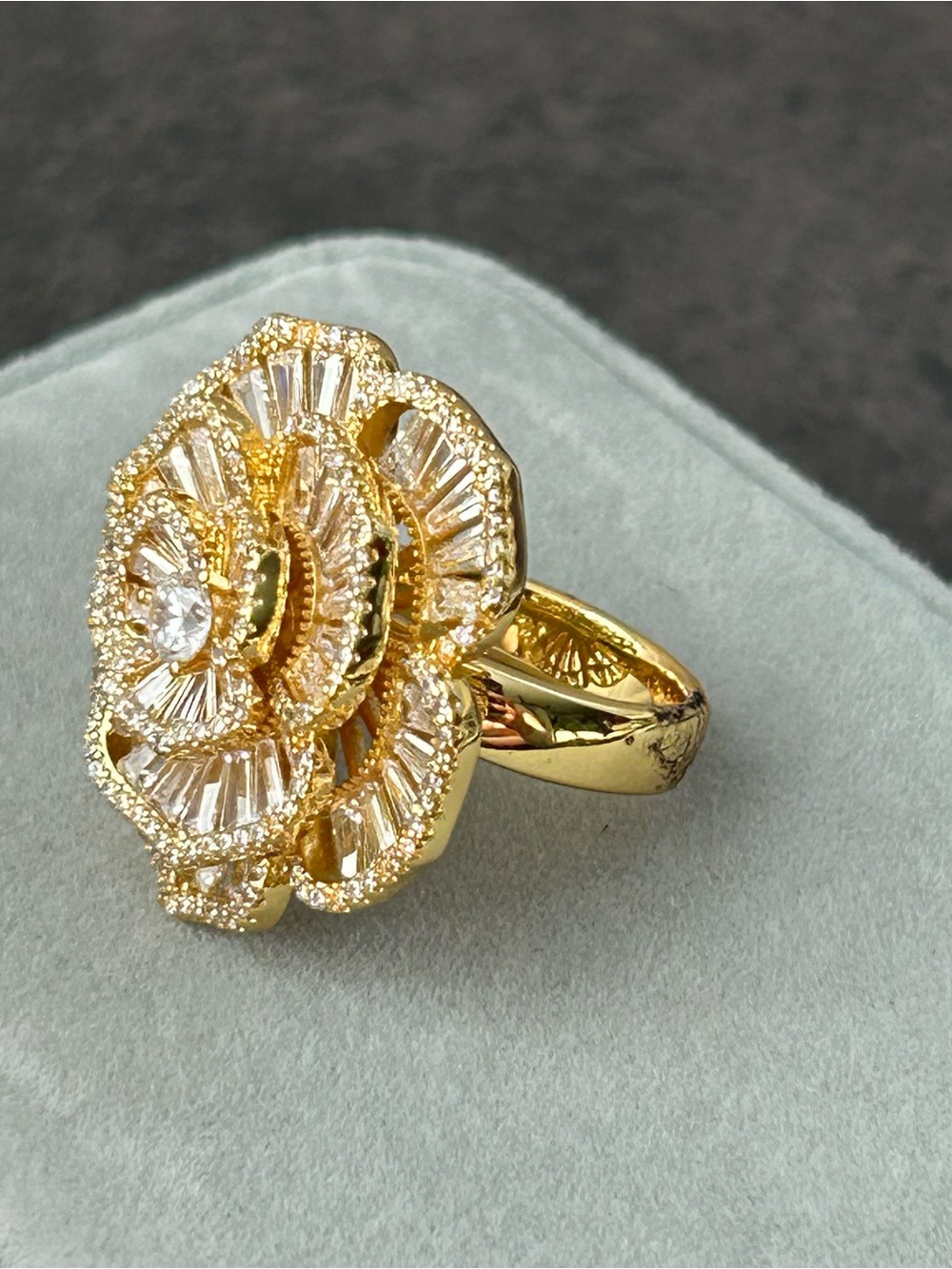 Gold Tone Floral Crystal Statement Fashion Ring